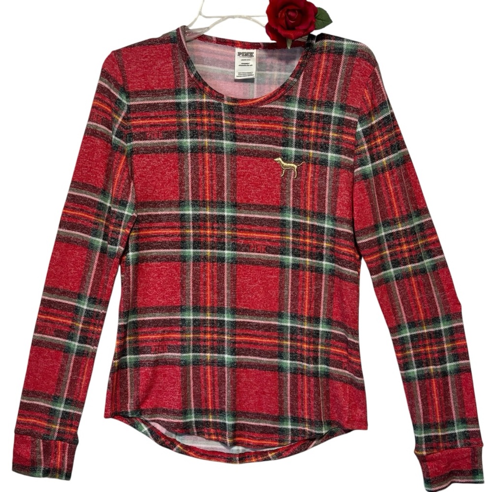 PINK Victoria’s Secret soft cozy long sleeve cherry red buffalo print PJ top dog